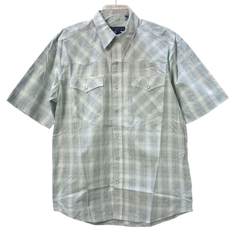 Roper Western Shirt Mens Medium White Green Blue Plaid Pearl Snaps Short Sleeves